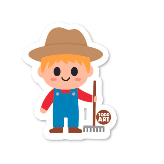 Smiling farmer sticker with overalls, hat, and pitchfork
