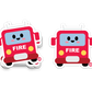 Cute red fire truck sticker with smiling face and yellow headlights

