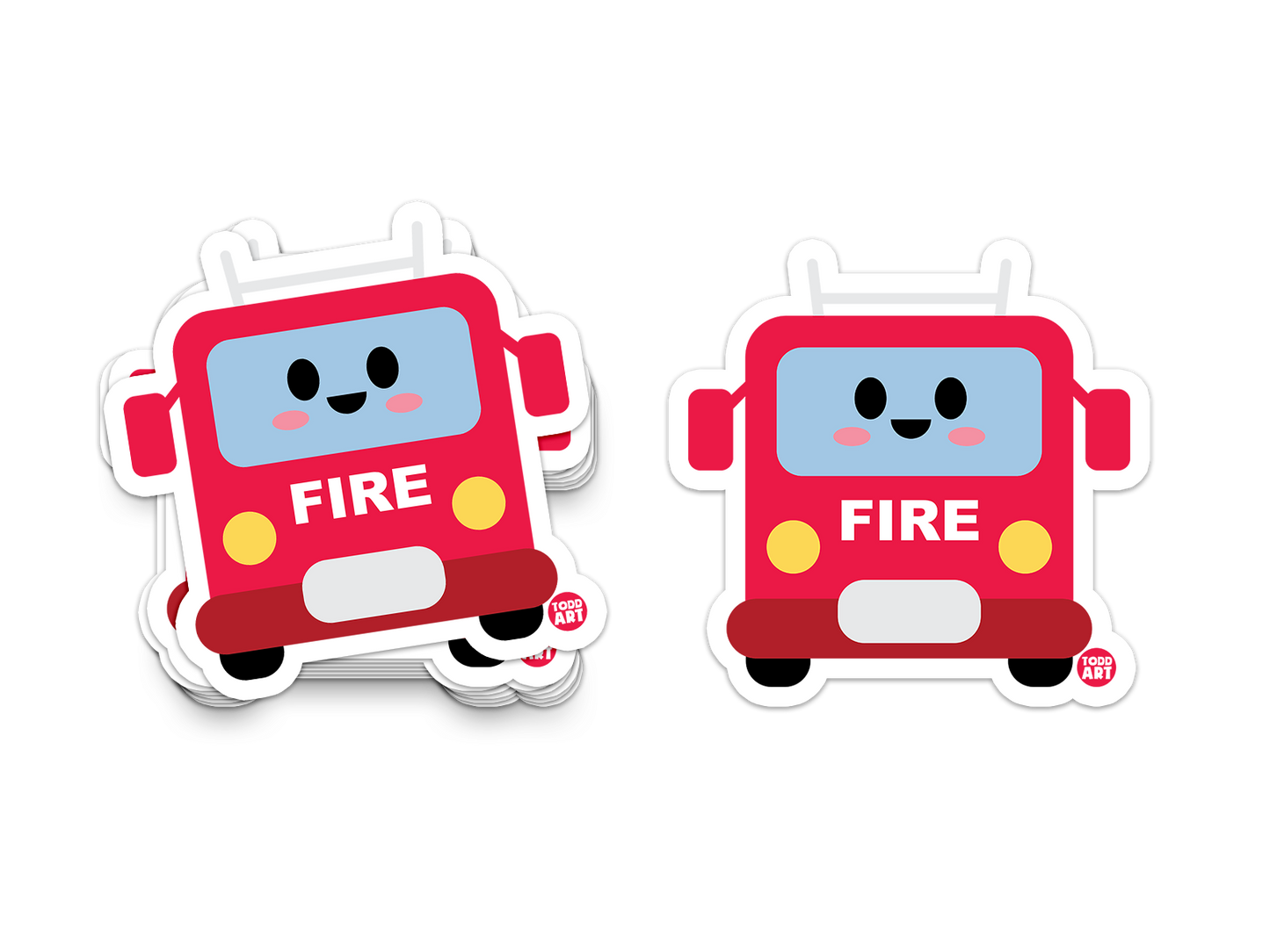 Cute red fire truck sticker with smiling face and yellow headlights

