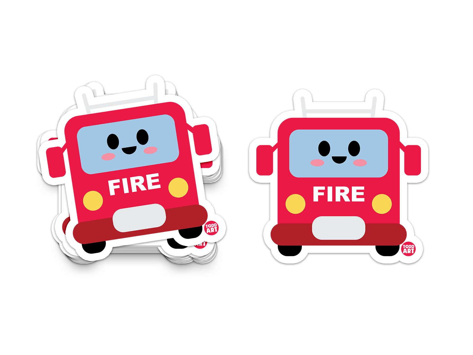 Cute red fire truck sticker with smiling face and yellow headlights

