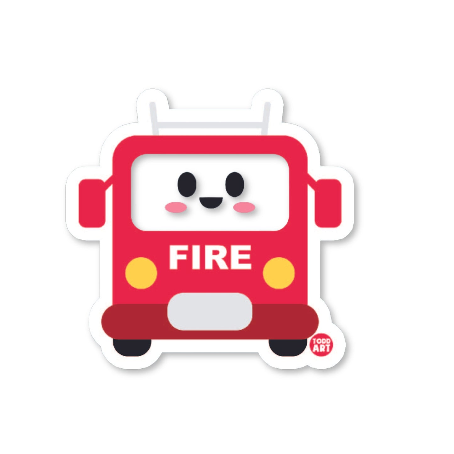 Cute red fire truck sticker with smiling face and yellow headlights

