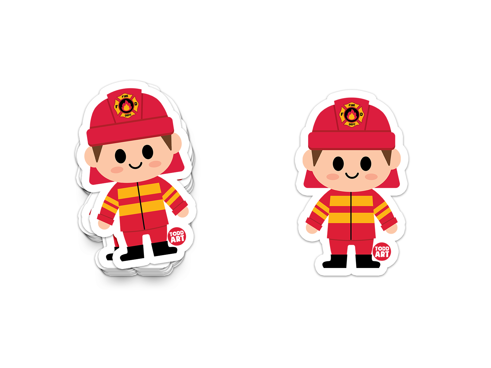 Adorable fireman sticker in red and yellow uniform with helmet
