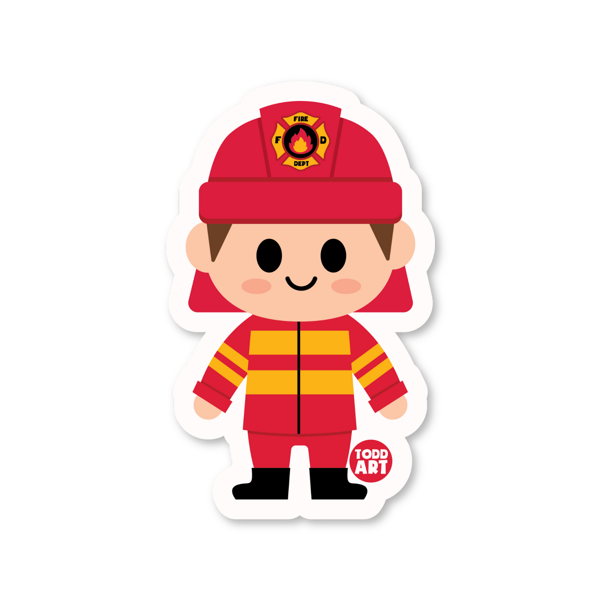 Adorable fireman sticker in red and yellow uniform with helmet
