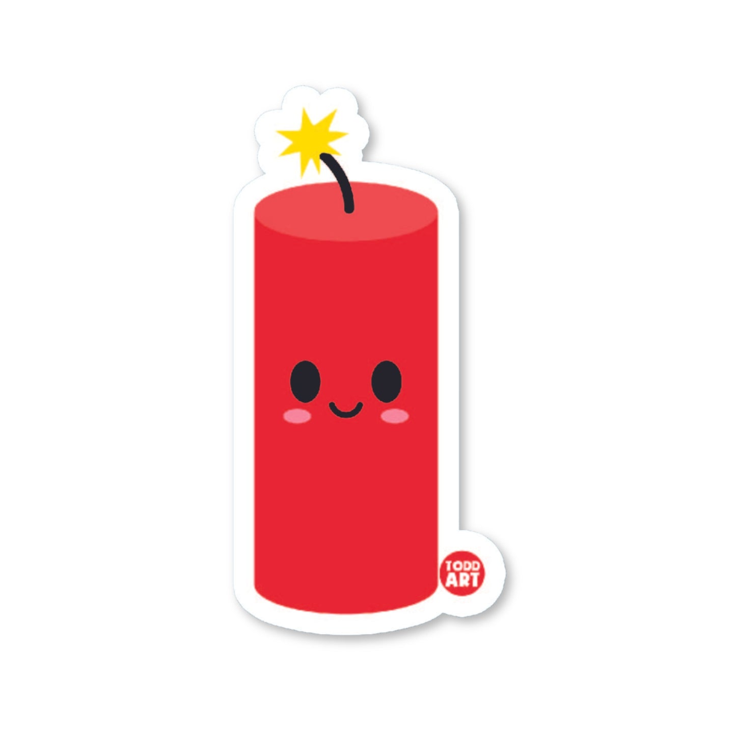 A die-cut vinyl sticker of a smiling red firework with a white outline and a yellow star on top.