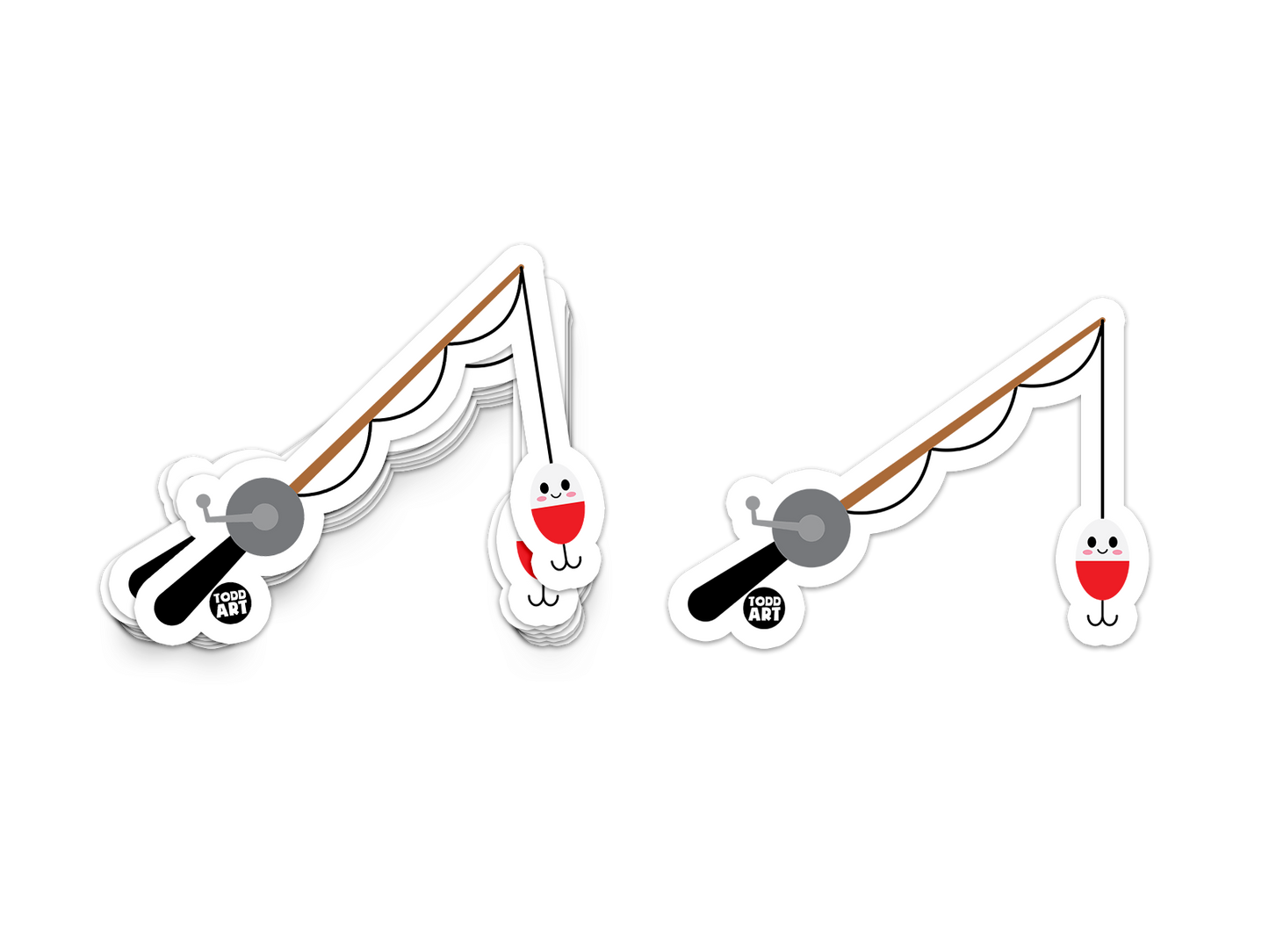 Fishing rod sticker with happy bobber and tiny reel

