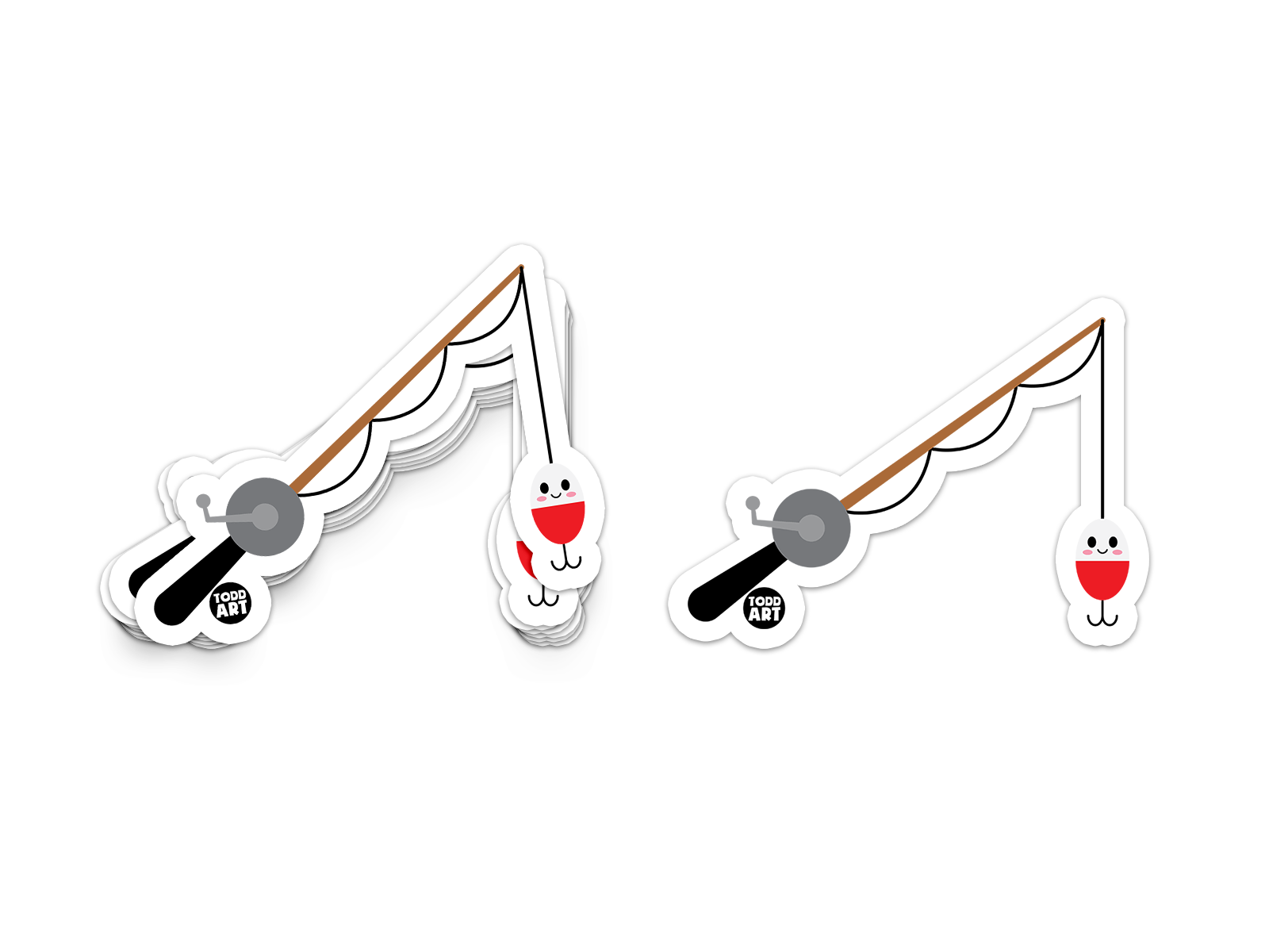 Fishing rod sticker with happy bobber and tiny reel
