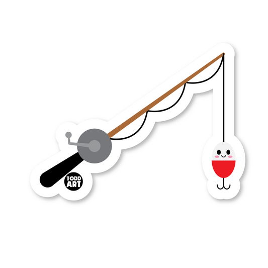 Fishing rod sticker with happy bobber and tiny reel
