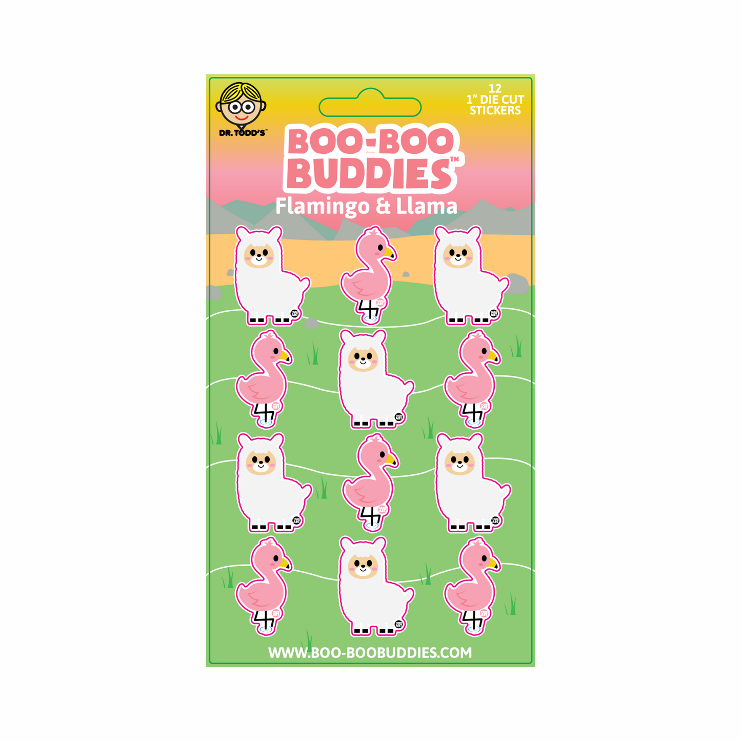Adorable 1-inch vinyl stickers with a pink flamingo and smiling llama—perfect for kids’ crafts, water bottles, and party favors.