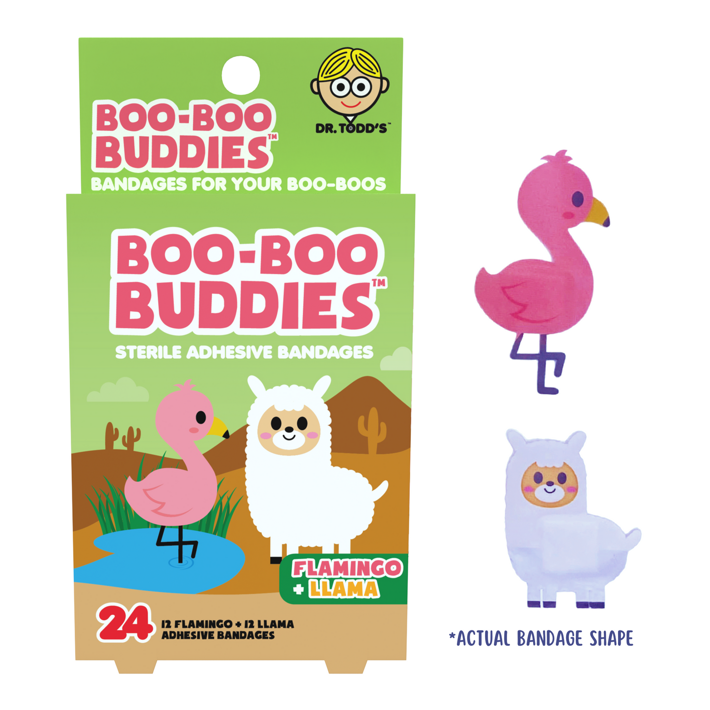 Flamingo &  Llama Bandages for Kids – Waterproof, Latex-Free, 24 Count | Dr. Todd’s Boo-Boo Buddies®