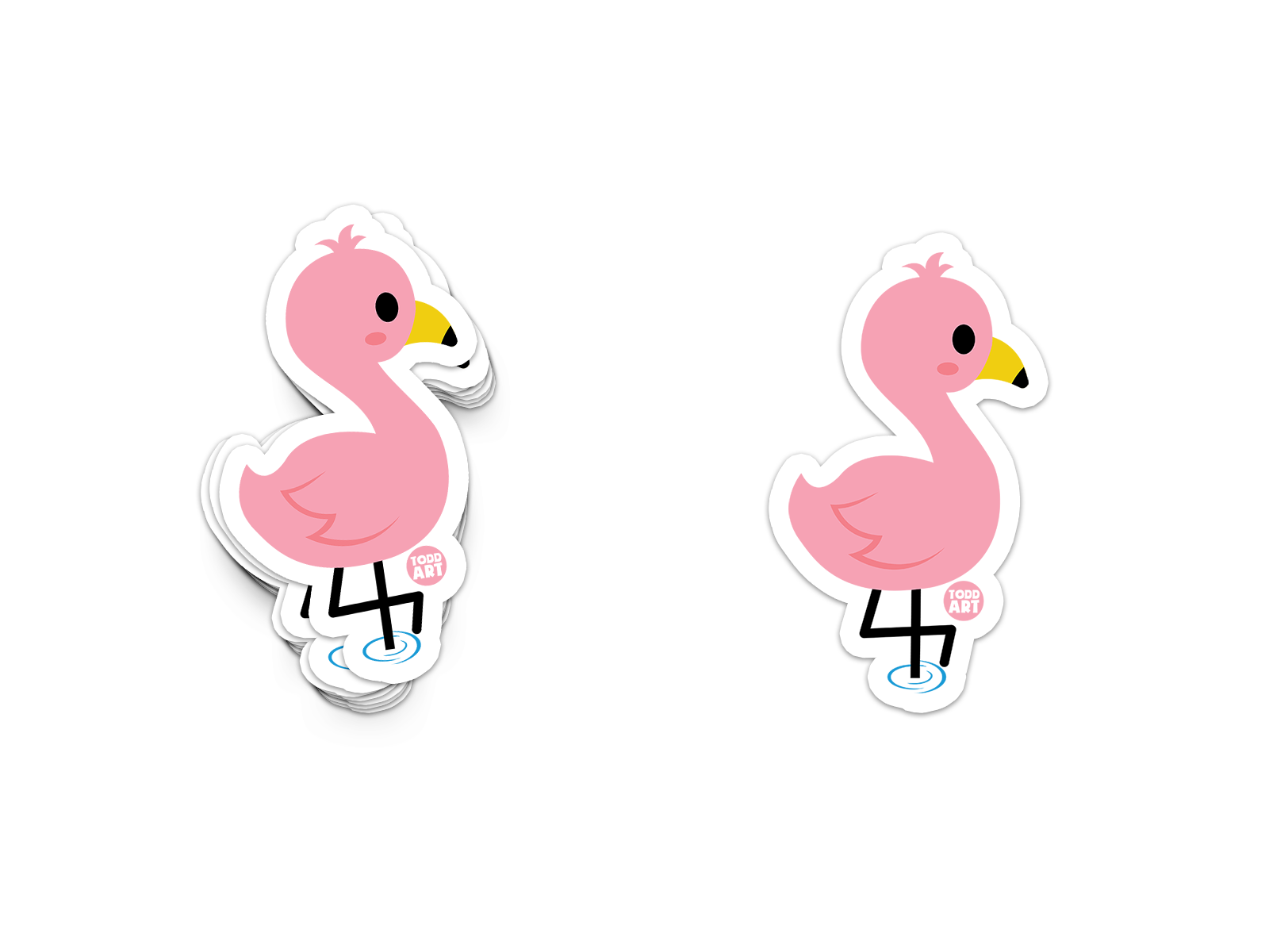 Cheerful standing pink flamingo sticker with yellow beak
