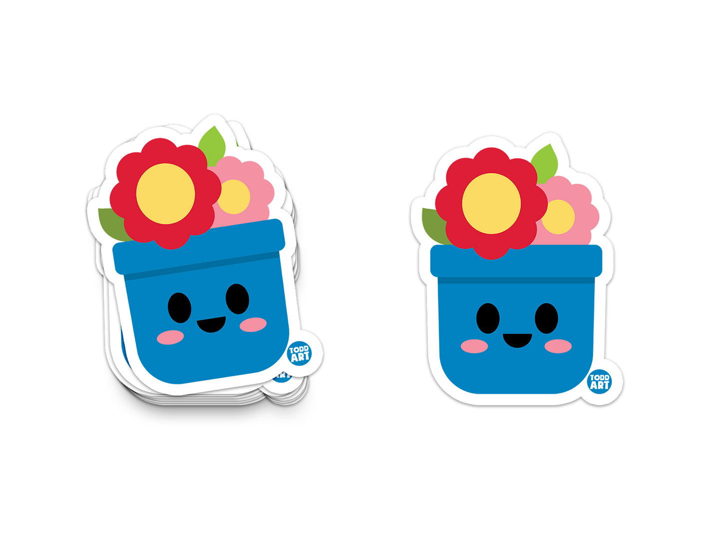 Blue flower pot sticker with colorful smiling flowers
