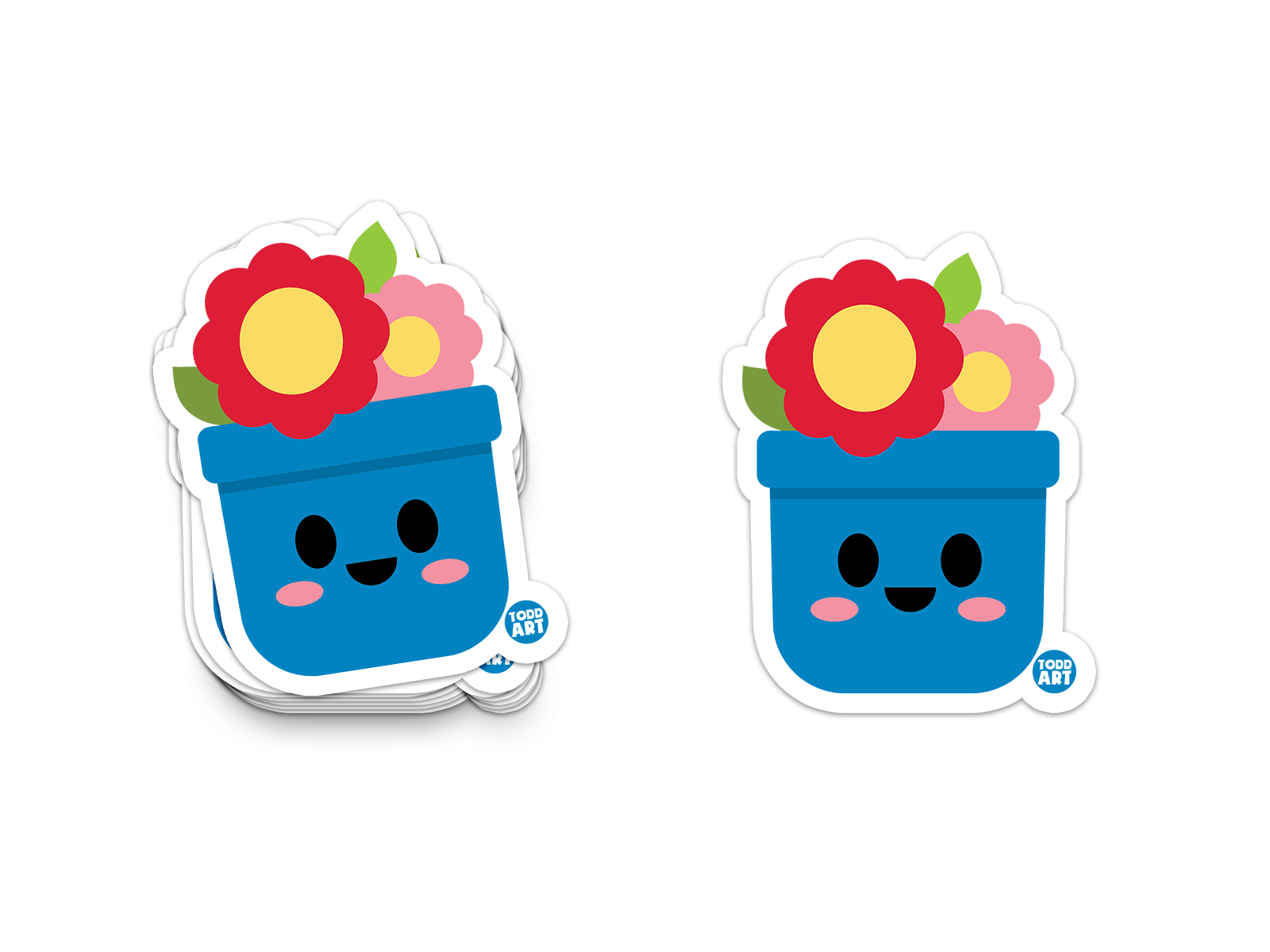 Blue flower pot sticker with colorful smiling flowers
