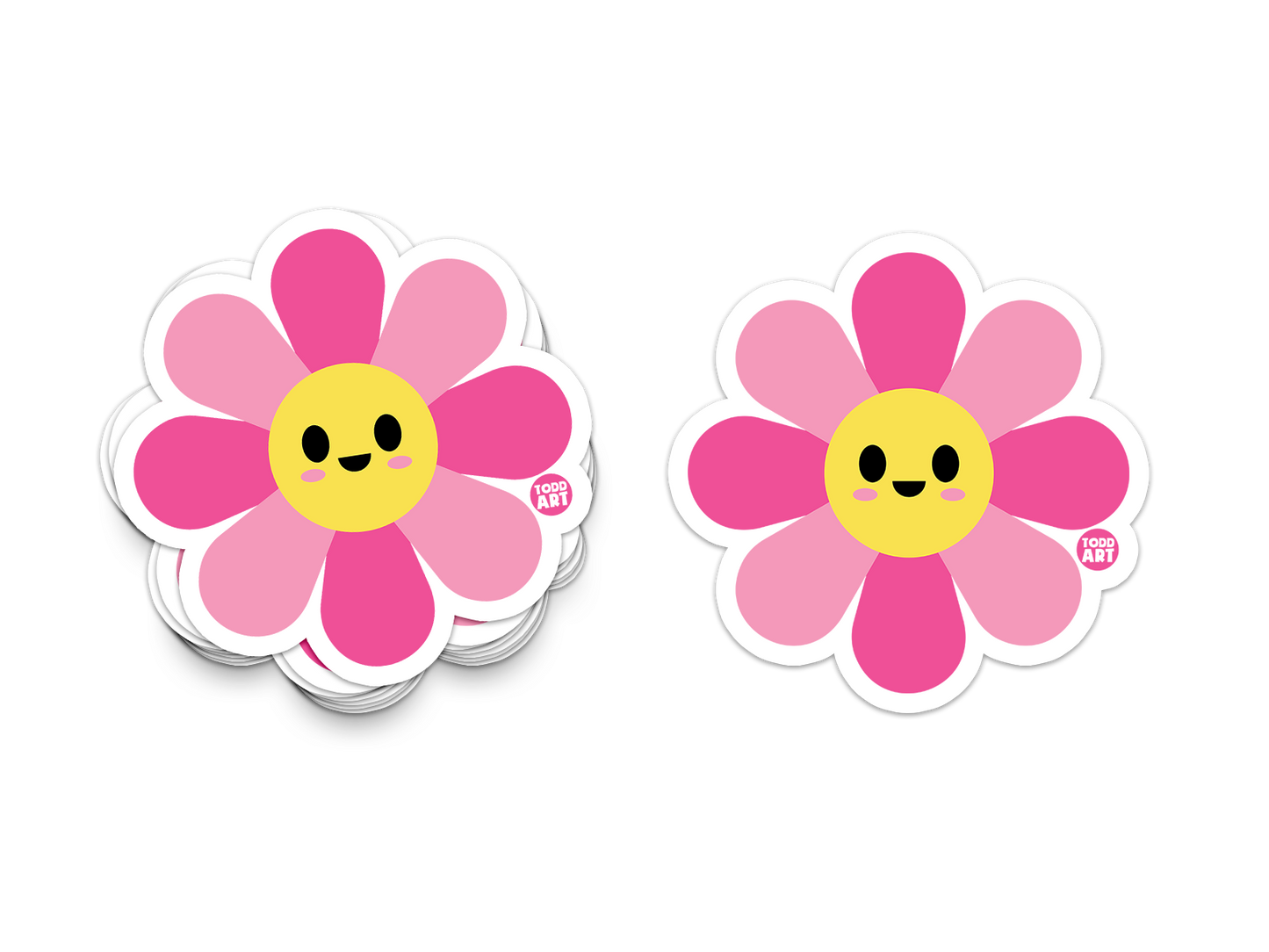 Bright daisy-style flower sticker with pink petals and smile
