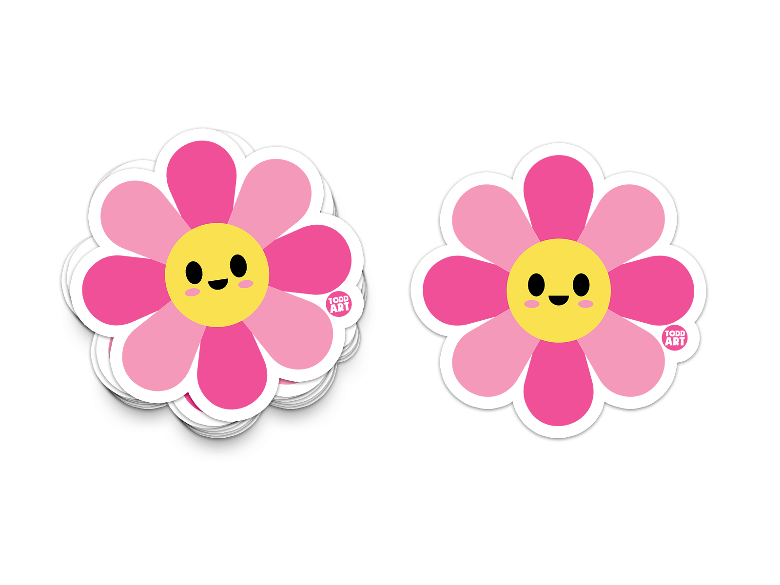 Bright daisy-style flower sticker with pink petals and smile
