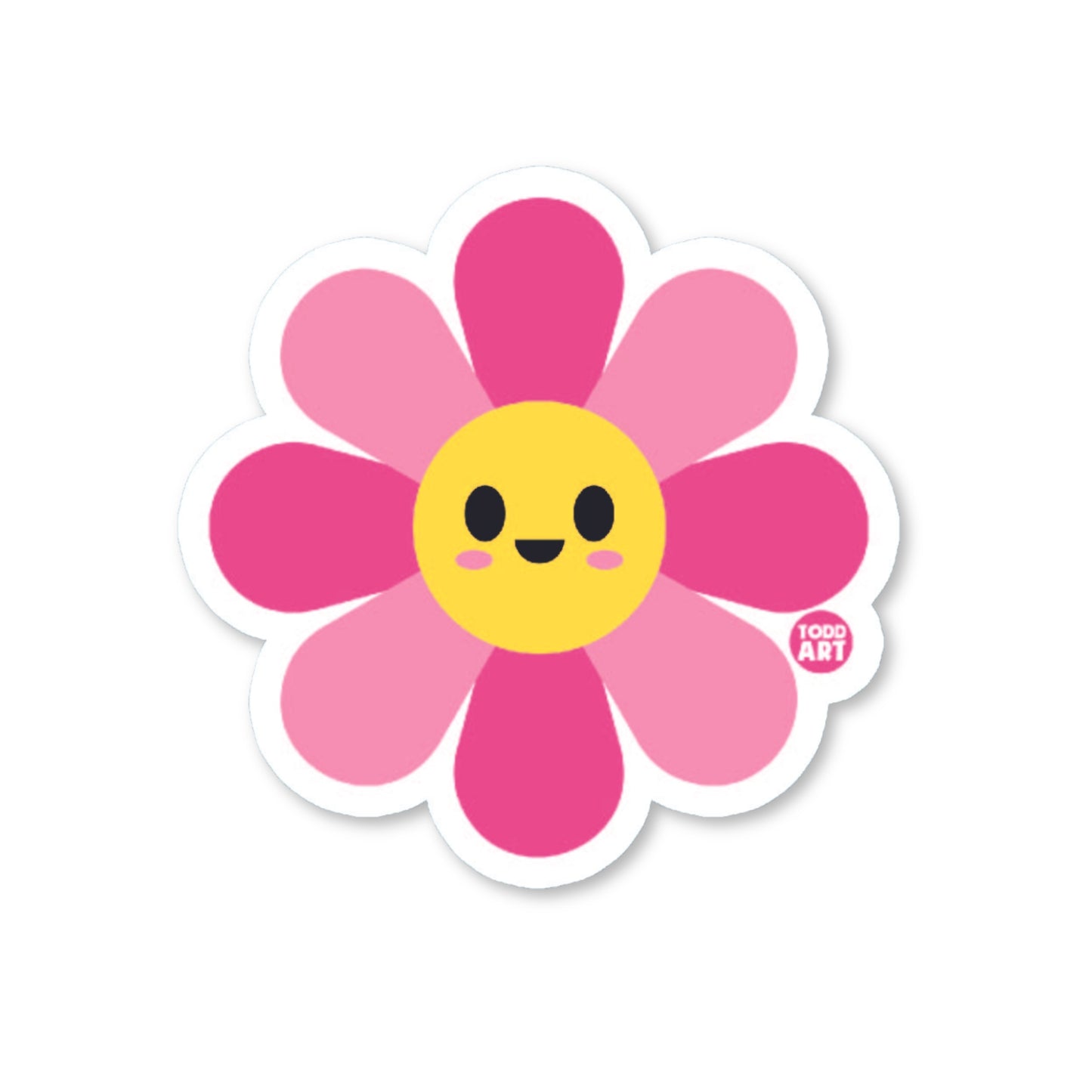 Bright daisy-style flower sticker with pink petals and smile
