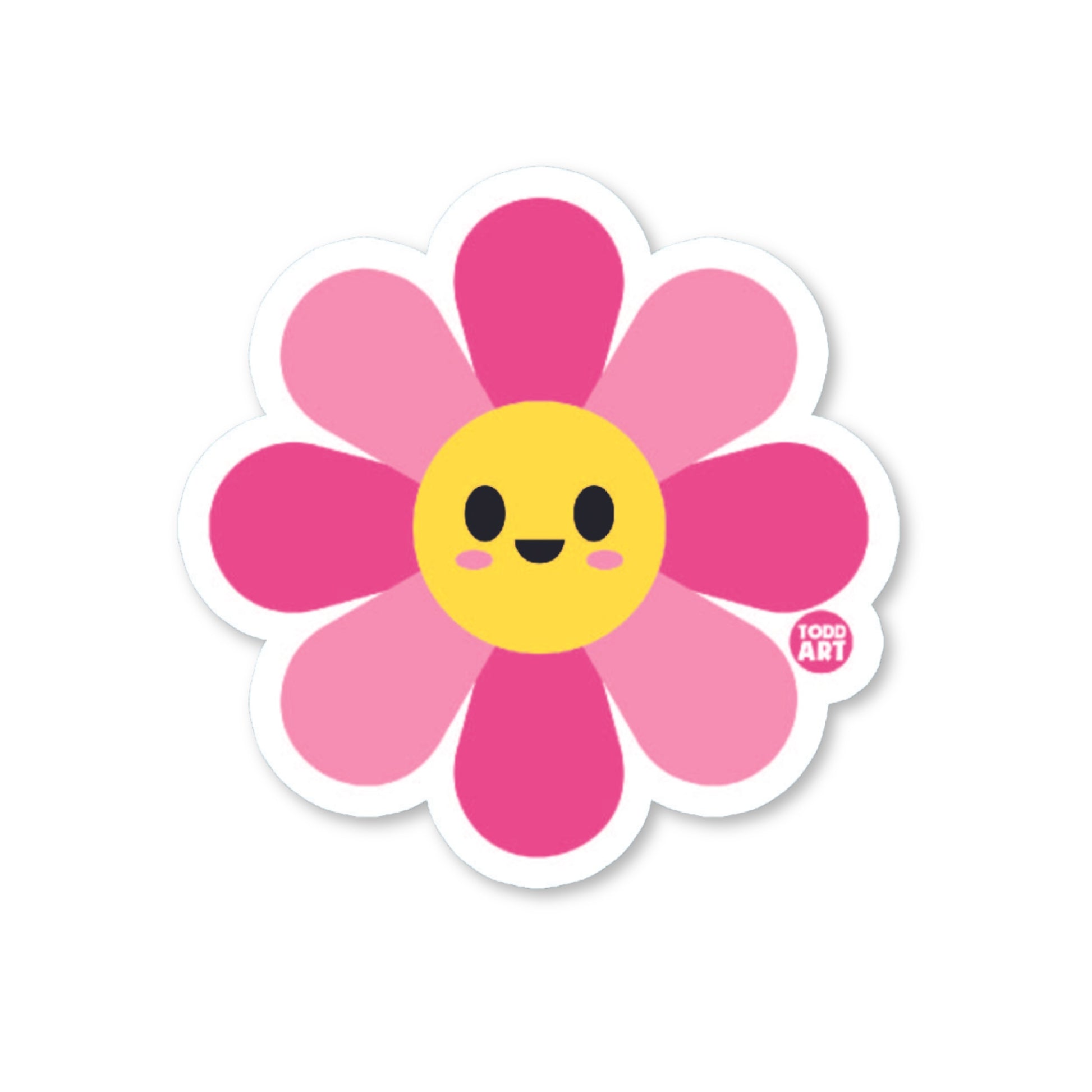 Bright daisy-style flower sticker with pink petals and smile
