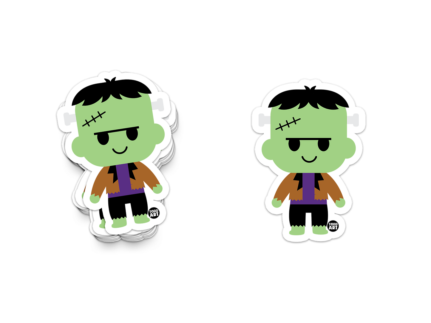 Friendly green Frankenstein sticker with stitched forehead and monster costume
