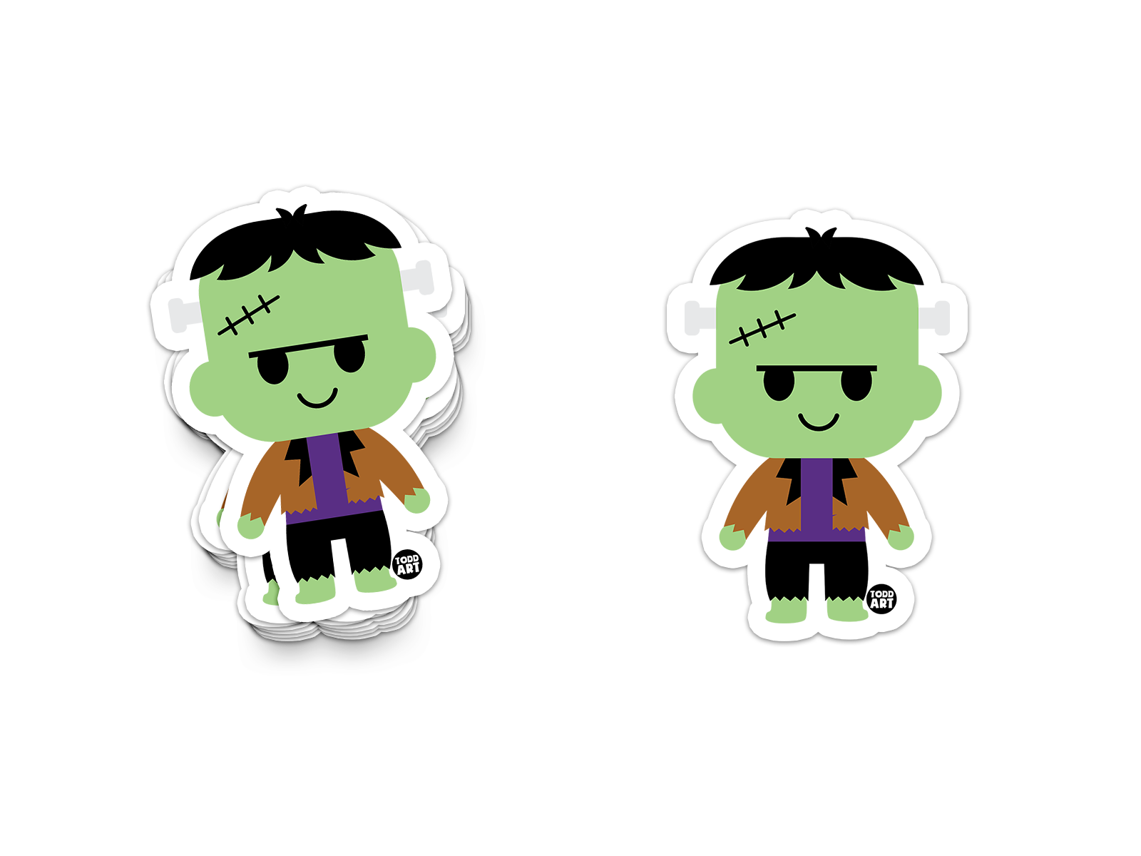 Friendly green Frankenstein sticker with stitched forehead and monster costume
