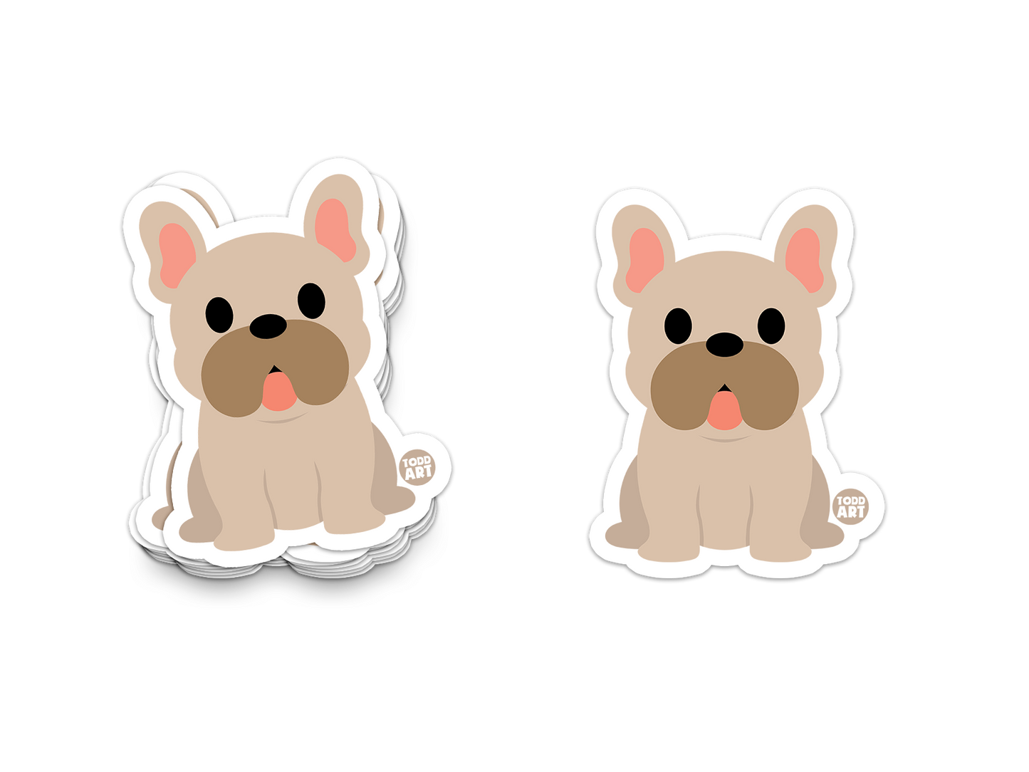 Cute French bulldog sticker with round eyes, droopy ears, and sticking-out tongue
