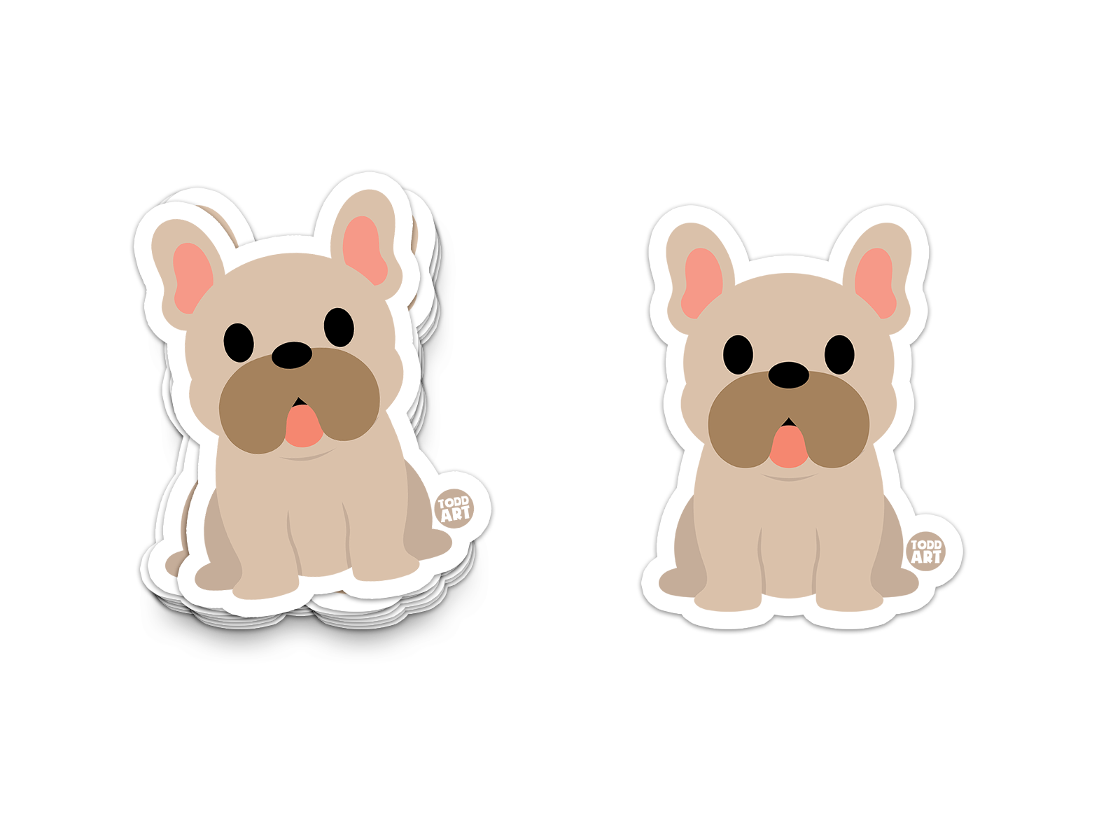 Cute French bulldog sticker with round eyes, droopy ears, and sticking-out tongue

