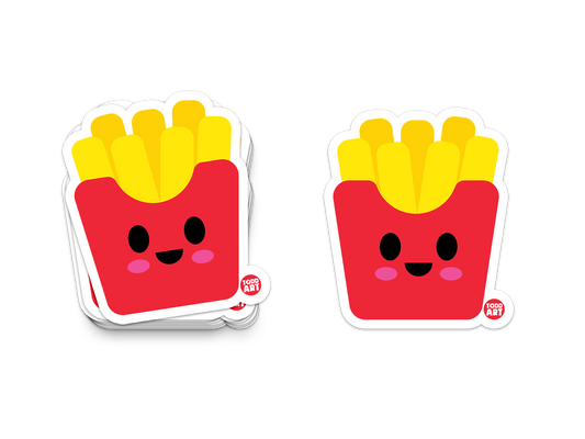 Happy french fries sticker in a red box with smiling face and pink cheeks
