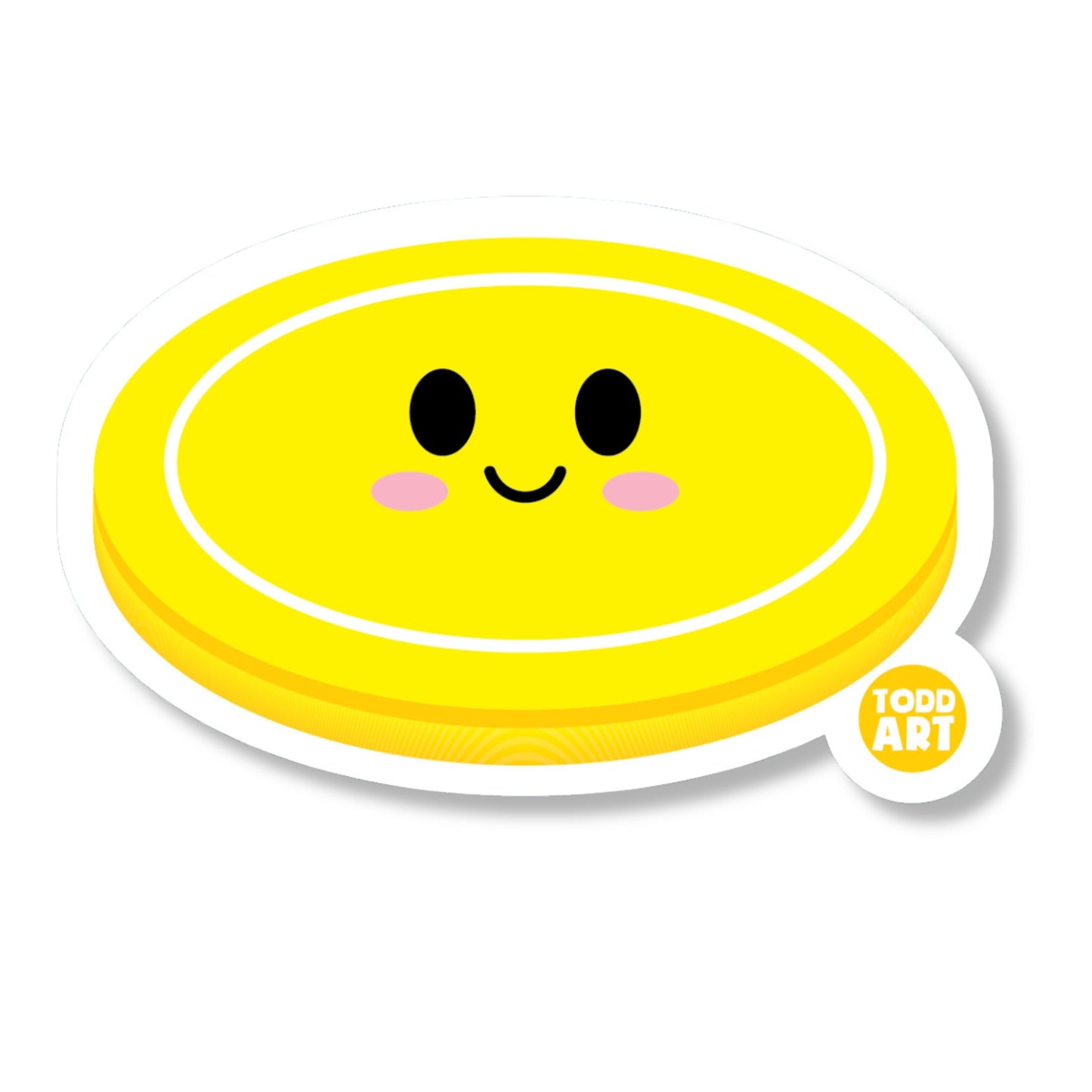 Bright yellow frisbee sticker with happy face and blushing cheeks
