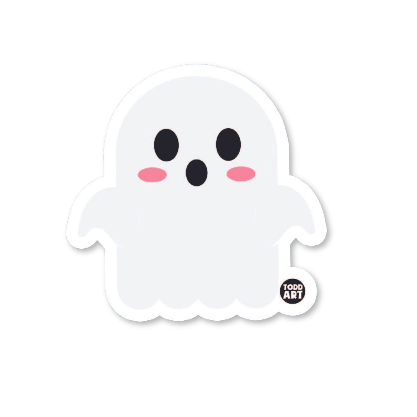 A die-cut vinyl sticker of a cute ghost with a glossy finish, part of the 'Boo-Boo Buddies' collection.