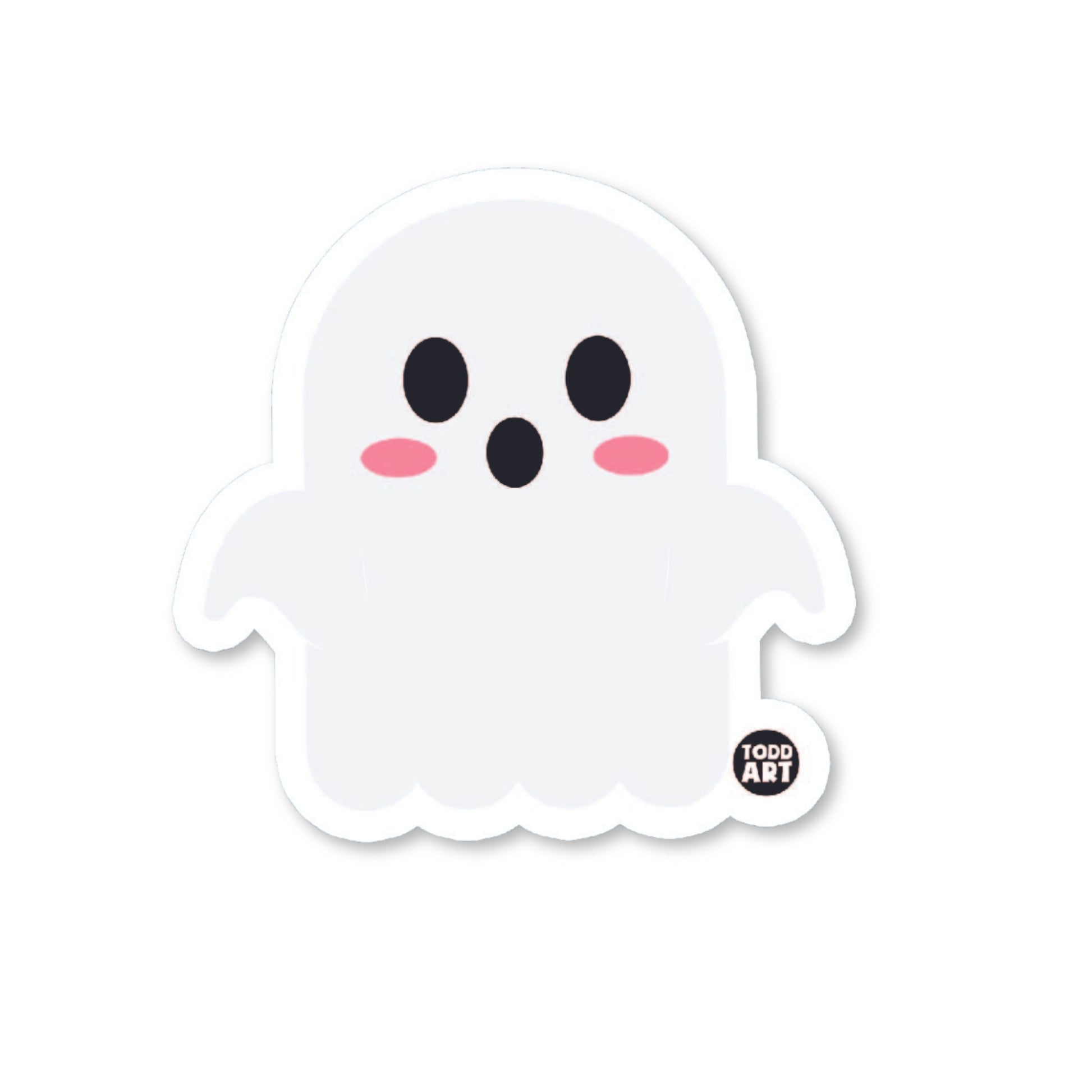A die-cut vinyl sticker of a cute ghost with a glossy finish, part of the 'Boo-Boo Buddies' collection.