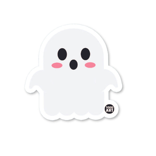 A die-cut vinyl sticker of a cute ghost with a glossy finish, part of the 'Boo-Boo Buddies' collection.