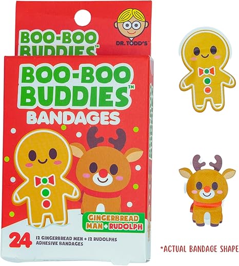 2-Pack Holiday-Themed Bandages for Kids – 24-Pack Santa & Snowman and 24-Pack Gingerbread Man & Rudolf | Waterproof, Latex-Free, Fun Shapes for Sensitive Skin
