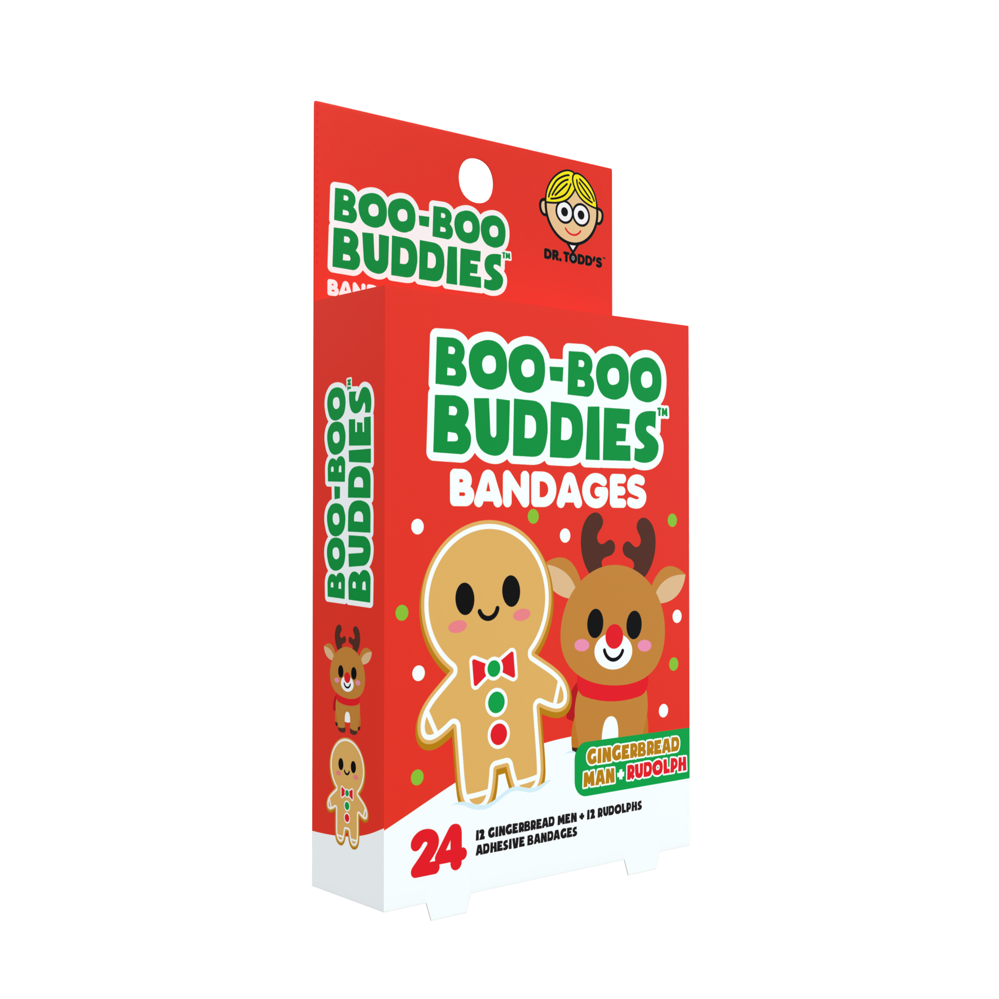 Box of Dr. Todd's Boo-Boo Buddies Bandages with gingerbread man and reindeer design on a white background
