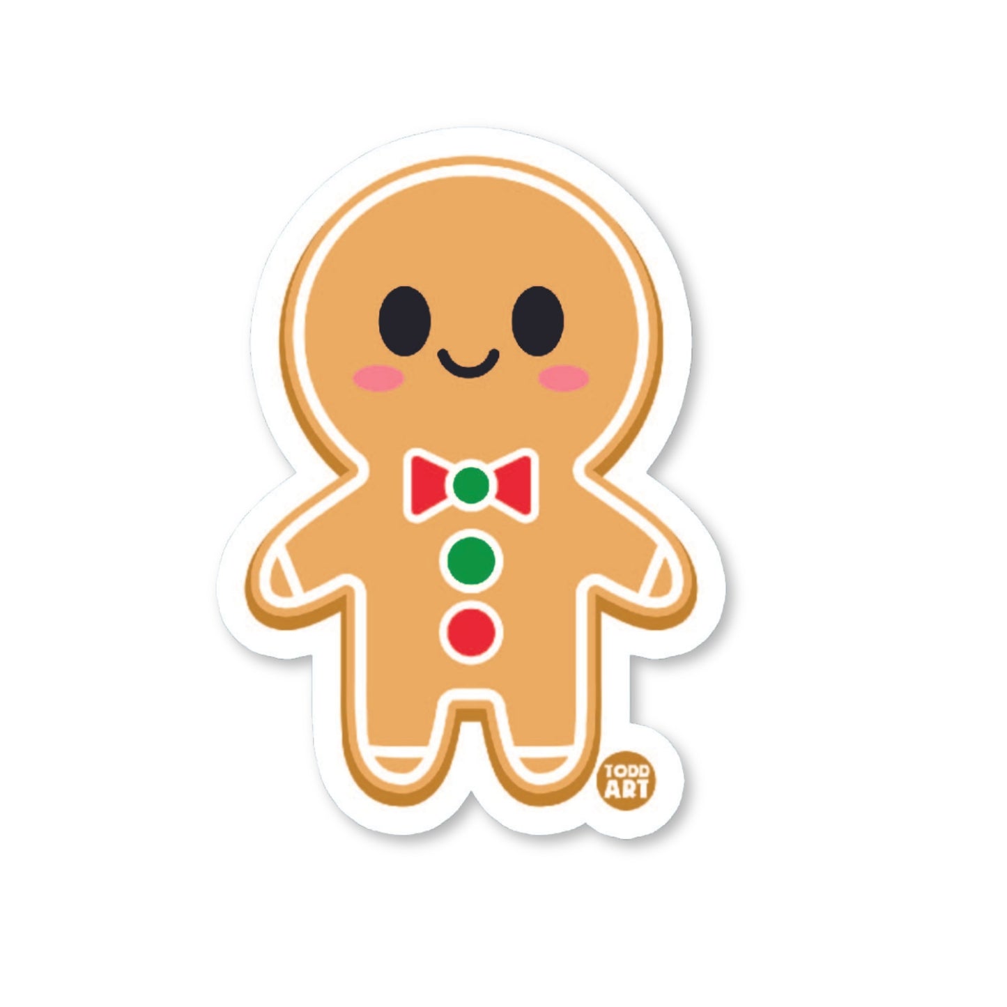 A die-cut vinyl sticker featuring a cartoon gingerbread man with a smiling face, wearing a bow tie, and designed with a glossy finish.