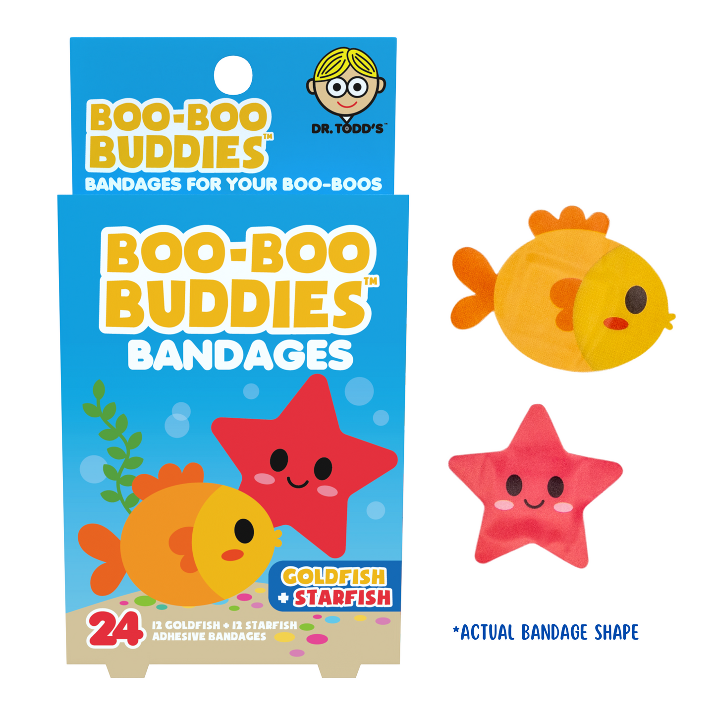 Goldfish & Starfish Bandages for Kids – Waterproof, Latex-Free, 24 Count