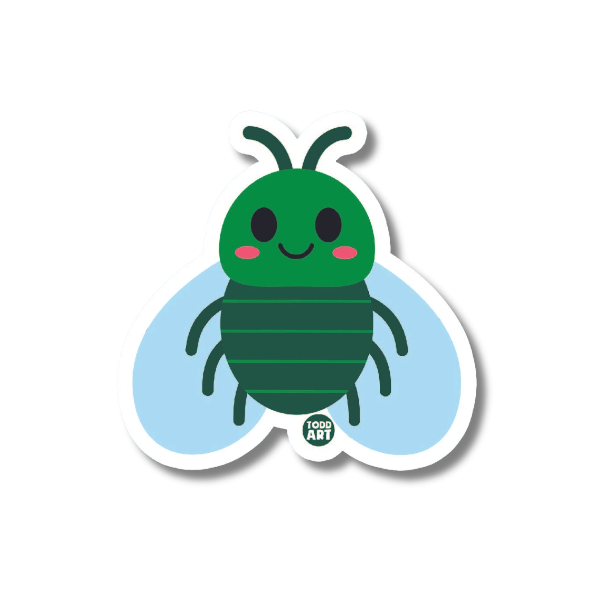 Green cartoon fly sticker with big wings and rosy cheeks
