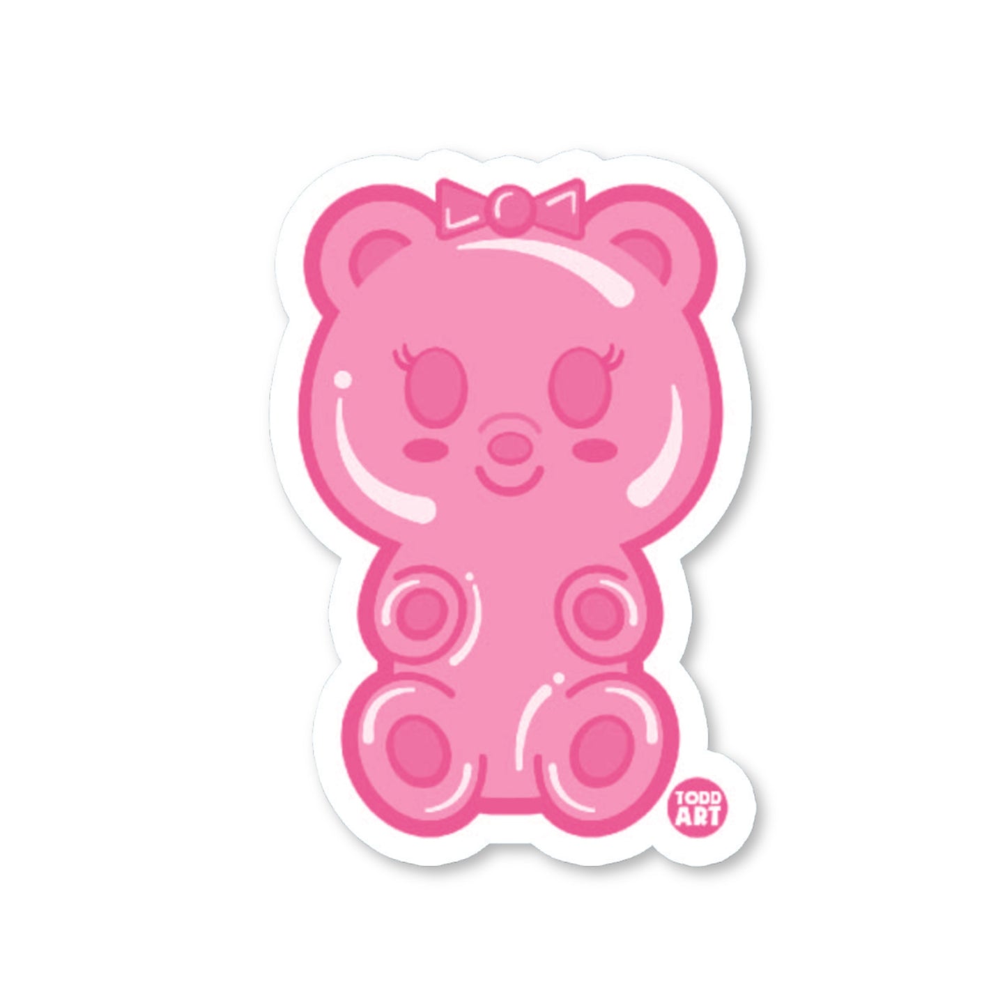 A pink die-cut vinyl sticker in the shape of a gummy bear character with a bow and arms, designed for use as a decal.