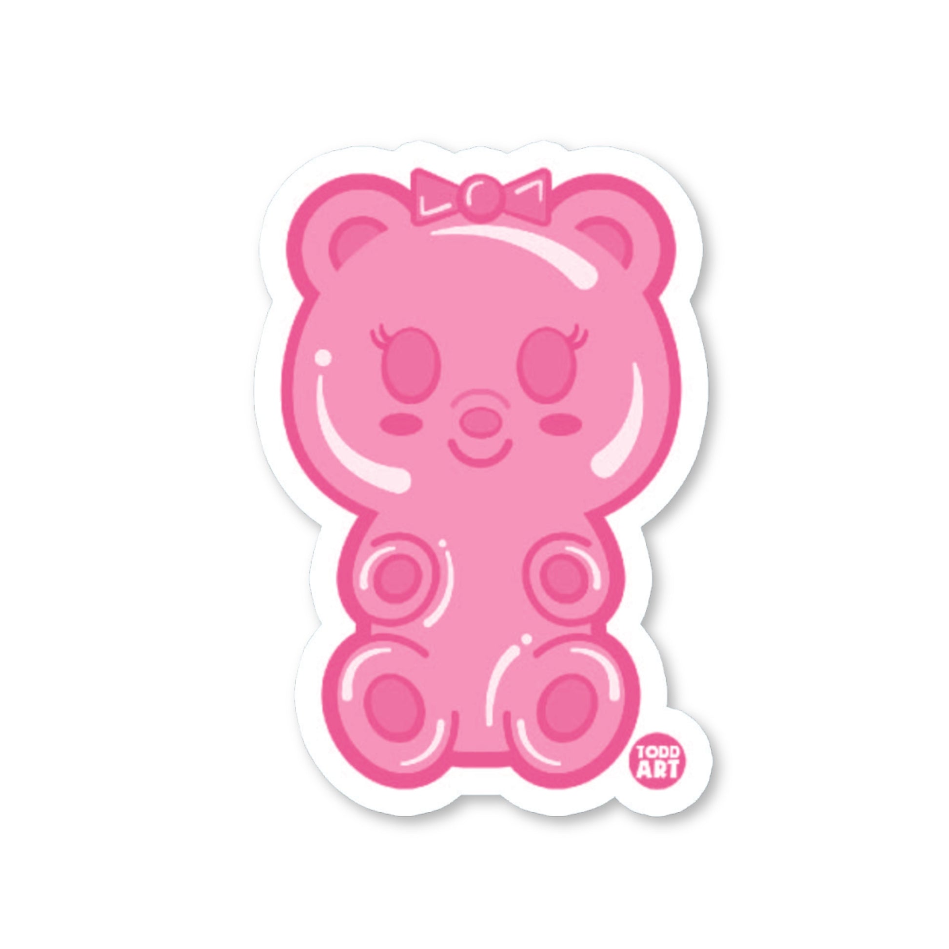 A pink die-cut vinyl sticker in the shape of a gummy bear character with a bow and arms, designed for use as a decal.