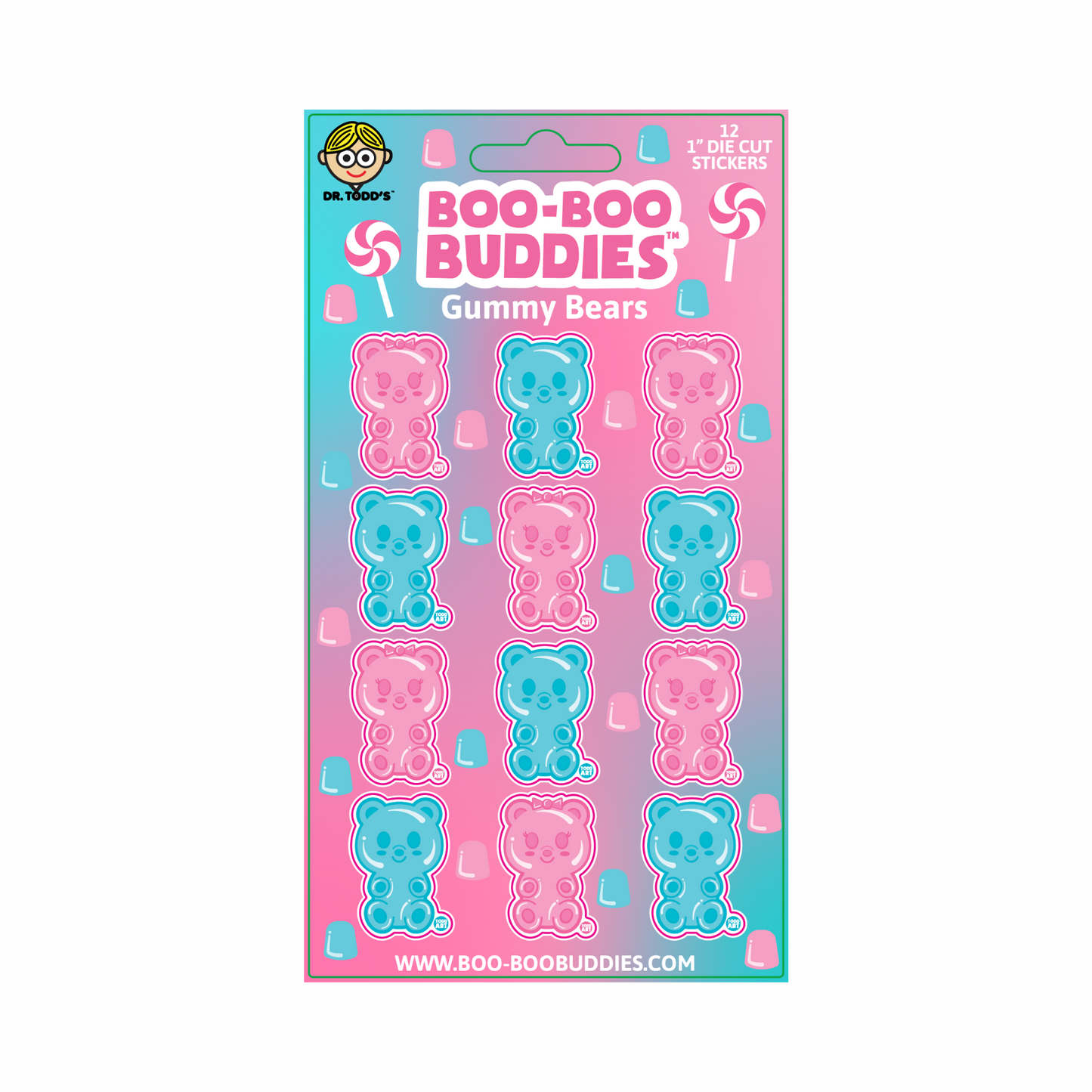 Mini Gummy Bears Sticker Sheet – 12 Collectible 1-Inch Candy-Themed Vinyl Stickers by Boo-Boo Buddies™ – Cute Kawaii Bear Stickers for Kids, Journals, Crafts & Party Favors - 2-Pack