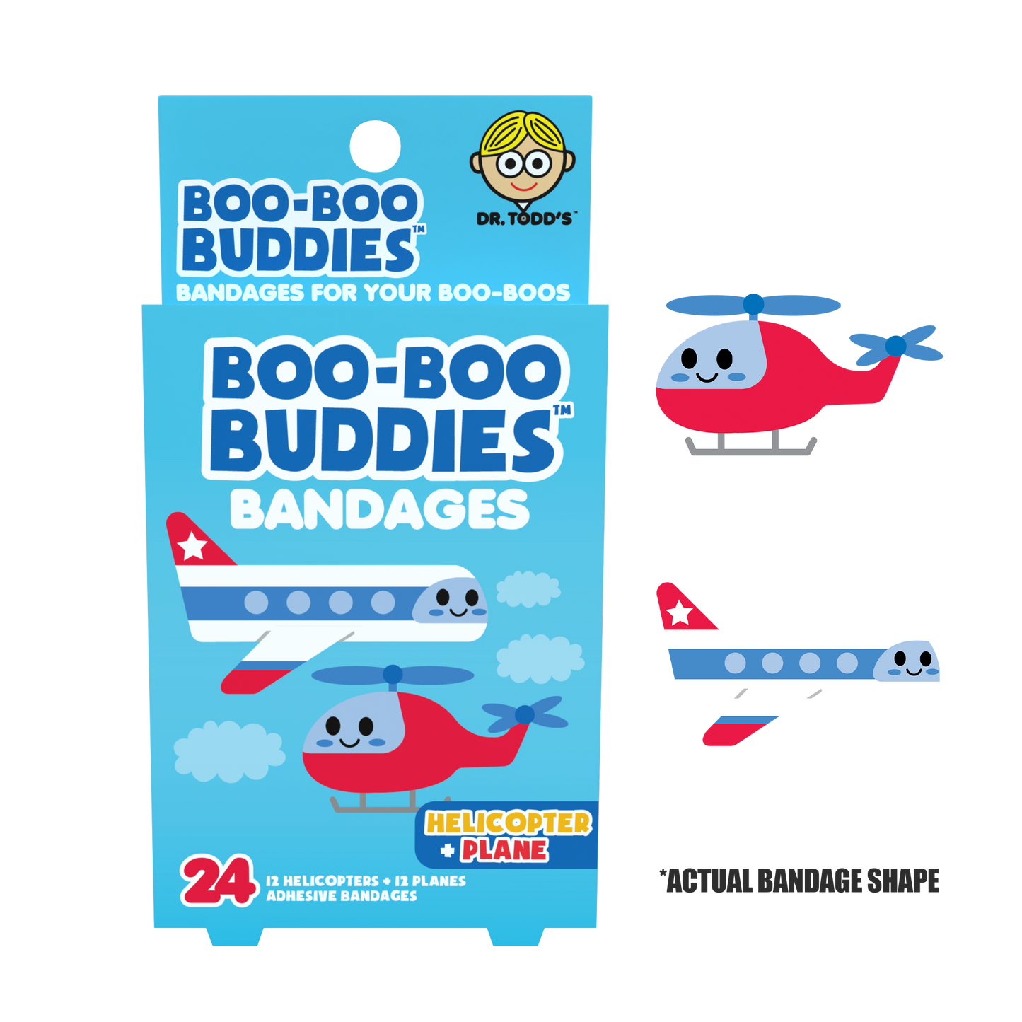 Helicopter & Plane Bandages for Kids – Waterproof, Latex-Free, 24 Count | Dr. Todd’s Boo-Boo Buddies®s