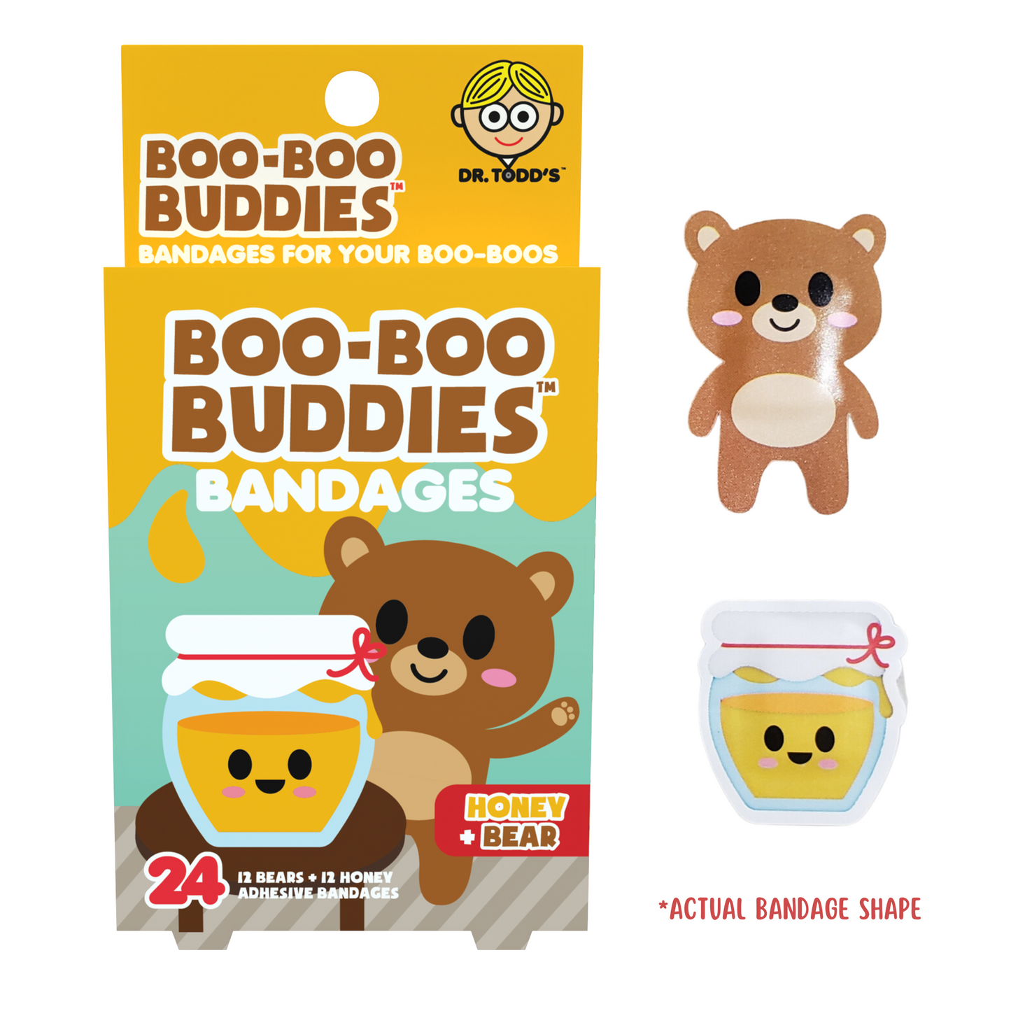 Honey Pot & Bear Bandages for Kids – Waterproof, Latex-Free, 24 Count | Dr. Todd’s Boo-Boo Buddies®