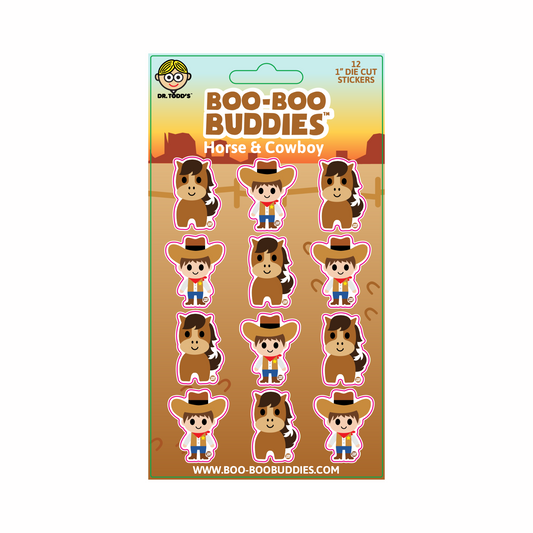 Cute 1-inch vinyl stickers featuring a cowboy and horse—perfect for kids' crafts, water bottles, notebooks, and party favors.