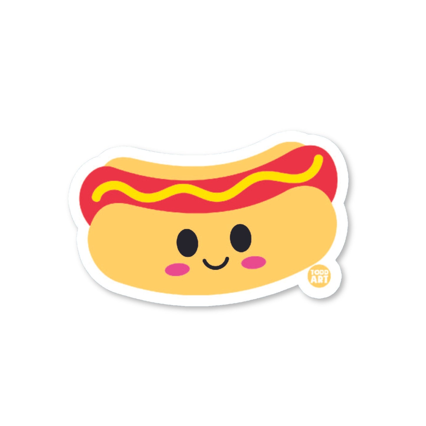 A die-cut vinyl sticker of a cute cartoon hot dog with a smiling face, mustard, and ketchup.