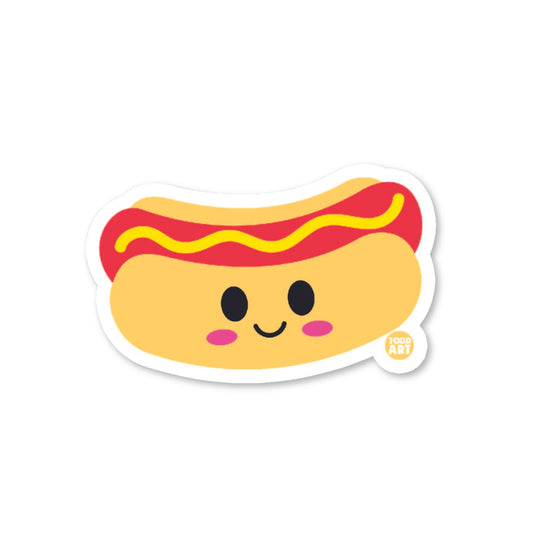 A die-cut vinyl sticker of a cute cartoon hot dog with a smiling face, mustard, and ketchup.