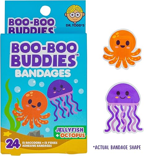 2-Pack Boo Boo Buddies™  Goldfish + Starfish & Jellyfish + Octopus Bandages Bundle | 48 Ct Fun Shapes for Kids | Waterproof, Latex-Free, Gentle on Sensitive Skin