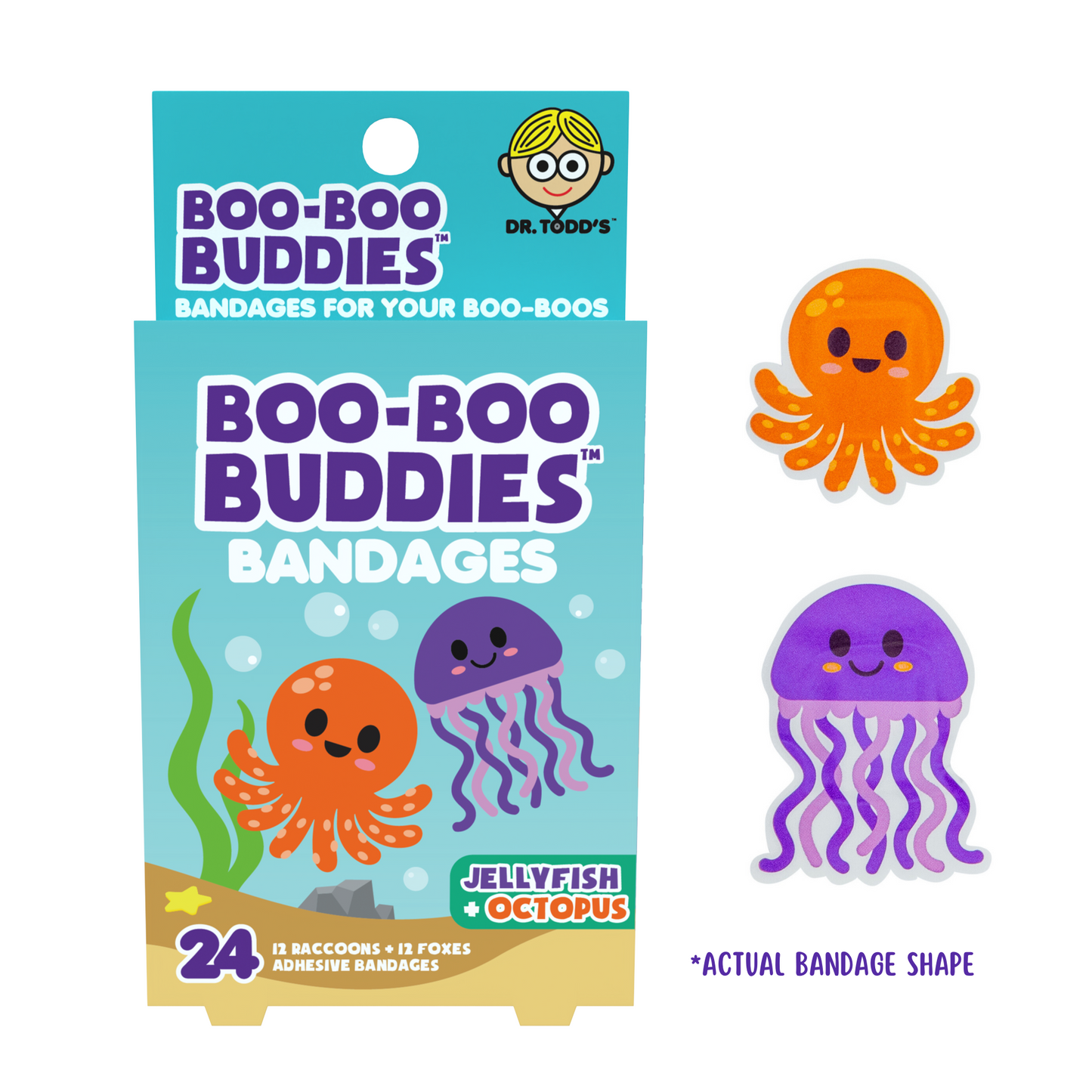 Octopus & Jellyfish Bandages for Kids – Waterproof, Latex-Free, 24 Count