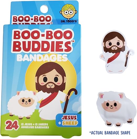 2-Pack Boo Boo Buddies Jesus & Sheep and Santa & Snowman Bandages – 48 Ct | Festive Holiday Shapes for Kids, Latex-Free, Waterproof, Gentle on Sensitive Skin, Perfect for Stocking Stuffers & First Aid Kits