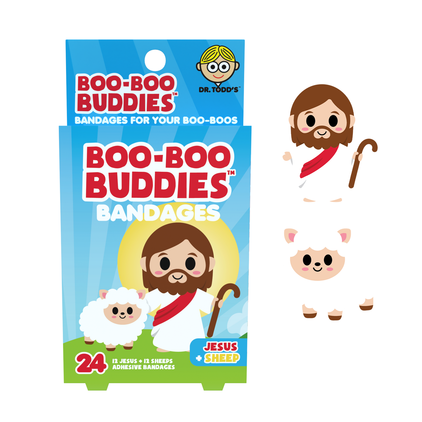 Jesus & Sheep Bandages for Kids – Waterproof, Latex-Free, 24 Count | Dr. Todd’s Boo-Boo Buddies®