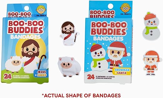 2-Pack Boo Boo Buddies Jesus & Sheep and Santa & Snowman Bandages – 48 Ct | Festive Holiday Shapes for Kids, Latex-Free, Waterproof, Gentle on Sensitive Skin, Perfect for Stocking Stuffers & First Aid Kits