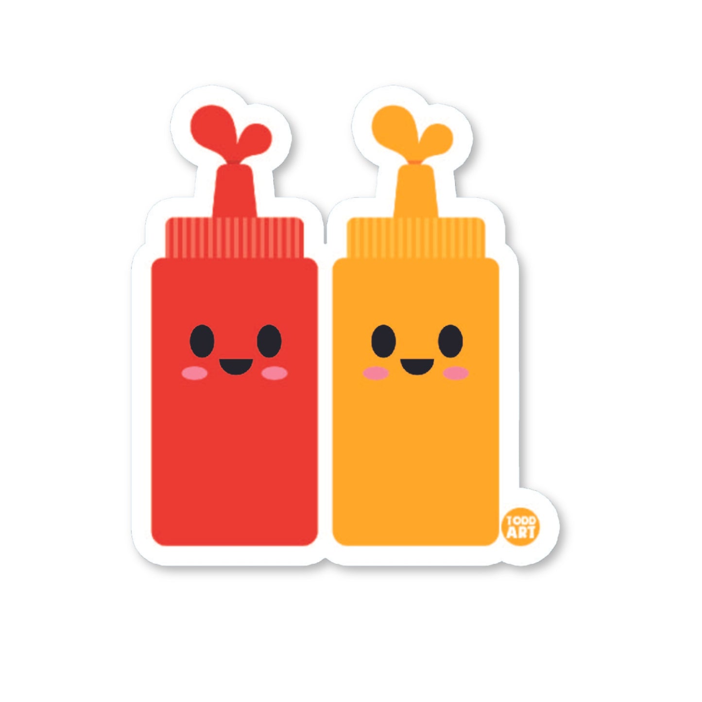Two die-cut vinyl stickers featuring cartoonish ketchup and mustard bottles with faces on them, placed against a white background.