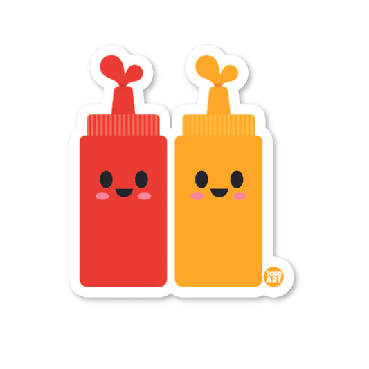 Two die-cut vinyl stickers featuring cartoonish ketchup and mustard bottles with faces on them, placed against a white background.