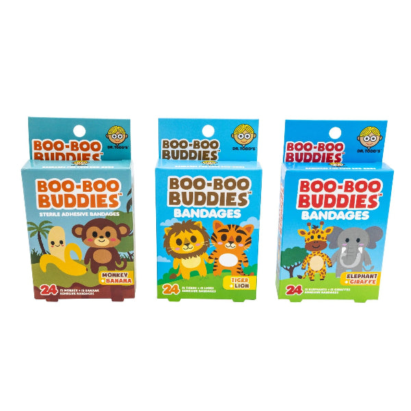 Boo Boo Buddies™ Kids Bandages 3-Pack Bundle – Monkey + Banana, Tiger + Lion, Elephant + Giraffe fun animal adhesive bandages.